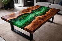 Wood table with green epoxy resin flow design and simple finish, DIY, hobby epoxy resin casting, colorful table made of resin, AI generated [IBR124550733]