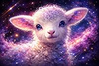 Lamb with a cosmic background surrounded by sparkling stars and mystical colors, AI generated [IBR124550734]
