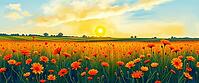 Flower field in orange tones at sunset, extensive meadow, romantic watercolor illustration, flower meadow at sunset or sunrise, with open text as background, AI generated [IBR124550735]