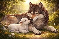 A wolf and a lamb lie happily together on a sunny flower meadow, wolf and lamb, illustration, AI generated [IBR124550736]