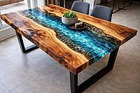 Dining table with blue epoxy resin flow and metal legs, decorative and stylish, DIY, hobby epoxy resin casting, colorful resin table, AI generated [IBR124550737]