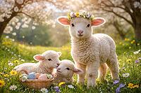 Three lambs, one with a wreath of flowers, next to an Easter egg basket on a blooming spring meadow, AI generated [IBR124550738]