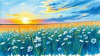 Daisies in a field at sunset, blue sky with clouds, romantic watercolor illustration, flower meadow at sunset or sunrise, with open text as background, AI generated [IBR124550739]