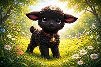 A cheerful looking lamb with a wreath of bells stands in a blooming meadow under trees, watercolor black sheep, AI generated [IBR124550740]