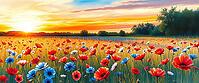 Colorful flower field with poppies and daisies at sunset, romantic watercolor illustration, flower meadow at sunset or sunrise, with open text as background, AI generated [IBR124550741]
