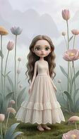 Girl with long, curly hair in an elegant dress in a foggy, flower-rich, gentle environment, AI generated [IBR124550742]
