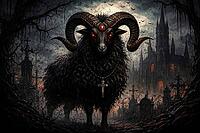 A dark gothic-style goat stands in front of a sinister church in a cemetery, Halloween, watercolor black sheep, AI generated [IBR124550744]