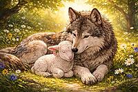 A wolf and a sleeping lamb rest in the blooming forest, surrounded by light, wolf and lamb, illustration, AI generated [IBR124550746]