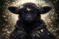 A mysteriously looking lamb with a wreath of flowers on its head, surrounded by shimmering forest light, watercolor black sheep, AI generated [IBR124550748]