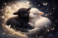 Two lambs rest in an enchanted night landscape under the moonlight, surrounded by butterflies, watercolor black sheep, AI generated [IBR124550749]