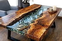 Modern wooden table with epoxy resin flow design standing in living room DIY hobby epoxy resin colorful table AI generated [IBR124550750]