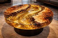 Large table with golden epoxy resin surface that sparkles with luxury elements, DIY, hobby epoxy resin casting, colorful table made of resin, AI generates, AI generated [IBR124550751]