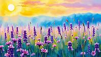 Lavender and pink blossoms in front of a sunset with mountains in the background, romantic watercolor illustration, flower meadow at sunset or sunrise, with open text as background, AI generated [IBR124550753]