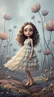 Girl with wavy hair, slightly melancholy expression in a bright dress on a mystical flower meadow, AI generated [IBR124550754]