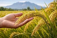 Open hand supporting ripe rice panicles in a sunlit field with distant mountain scenery and natural depth, AI generated [IBR124550755]