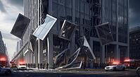 A city building with shattered windows surrounded by police and emergency vehicles, construction materials failure concept, AI generated [IBR124550758]