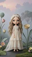 Girl with wavy hair in an innocent, nostalgic setting surrounded by flowers in an evening mood, AI generated [IBR124550759]