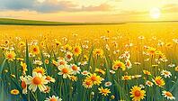 Yellow daisies in the field at sunset in golden atmosphere, romantic watercolor illustration, flower meadow at sunset or sunrise, with open text as background, AI generated [IBR124550761]