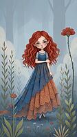 Girl with red hair in a blue-orange dress in a stylized forest landscape with elegant graphics, AI generated [IBR124550762]