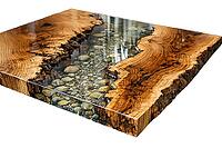 Rectangular wooden table with epoxy resin gradient and pebbles that create a flow look, DIY, hobby epoxy resin casting, colorful table made of resin, AI generates, AI generated [IBR124550766]