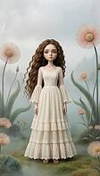 Girl in long ivory-colored dress with curly hair stands in a foggy meadow with big flowers, romantic and dreamy, AI generates, AI generated [IBR124550769]
