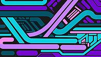 Graphic design with lines and shapes in purple, blue and cyan is reminiscent of technical circuits, background image, geometric patterns in purple, lilac, green and turquoise, AI generates, AI generated [IBR124550771]