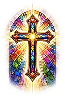 Stained glass window with a cross in rainbow colors, glowing hearts and a radiant light, Christian symbol for cards, for religious festivals, such as baptism, communion, confirmation, Easter, confirmation or for mourning cards, AI generated [IBR124550775]