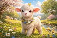 A happy lamb with a wreath of flowers, surrounded by blossoms and a butterfly in a colorful meadow, generated by AI, AI generated [IBR124550778]