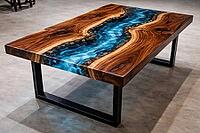 Wooden table with blue epoxy resin flow and sturdy black legs, DIY, hobby epoxy resin casting, colorful resin table, AI generated [IBR124550779]