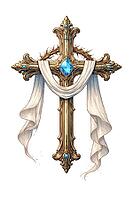 Minimalistic cross with blue decoration and white cloths on a white background, Christian symbol for cards, for religious festivals, such as baptism, communion, confirmation, Easter, confirmation or for mourning cards, AI generated [IBR124550780]