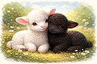 Two soft lambs cuddling close together in a meadow in full bloom, watercolor black sheep, AI generated [IBR124550781]
