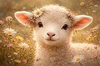 A calm lamb with delicate flowers in its hair, surrounded by blossoms in soft light, AI generates, AI generated [IBR124550782]