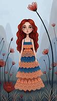 Girl with heavy red hair in a stylized dress in a modern, flower-rich landscape, AI generated [IBR124550783]