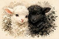 Two lambs lie close together in a stylized black and white floral motif, watercolor black sheep, AI generated [IBR124550785]