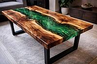 Modern wooden table with green epoxy resin flow and elegant design, DIY, hobby epoxy resin casting, colorful table made of resin, AI generated [IBR124550786]