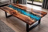Wooden table with crystal clear blue epoxy resin flow and simple design, DIY, hobby epoxy resin casting, colorful table made of resin, AI generated [IBR124550787]