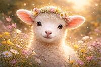 A lamb with a wreath of flowers sits softly on a blooming meadow in warm light, AI generates, AI generated [IBR124550788]