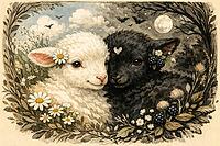 Two lambs, one black, one white, in a natural nocturnal environment with flowers and a full moon, AI generated [IBR124550789]