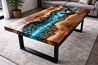 Elegant wooden coffee table with teal epoxy resin flow and decoration, DIY, hobby epoxy resin casting, colorful table made of resin, AI generated [IBR124550791]