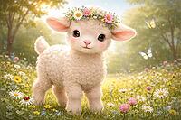 Cute lamb with a wreath of flowers in a meadow full of flowers and butterflies in sunlight, AI generated [IBR124550793]