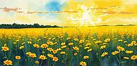 A wide yellow flower field at sunset creating a golden landscape, romantic watercolor illustration, flower meadow at sunset or sunrise, with open text as background, AI generated [IBR124550794]