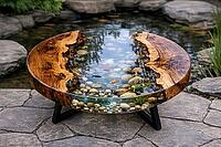 Round table with epoxy resin surface simulating a flowing stream with fish, DIY, hobby epoxy resin casting, colorful table made of resin, AI generates, AI generated [IBR124550796]