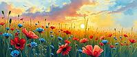 Field with poppies and daisies at sunset with birds, romantic watercolor illustration, flower meadow at sunset or sunrise, with open text as background, AI generated [IBR124550801]
