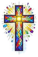 Colourful stained glass cross, bright and decorative, Christian symbol for cards, for religious festivals, such as baptism, communion, confirmation, Easter, confirmation or for mourning cards, AI generated [IBR124550809]