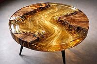 Round wooden table with golden glitter embedded in epoxy resin, looks luxurious and elegant, DIY, hobby epoxy resin casting, colorful table made of resin, AI generated [IBR124550810]