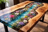 Wooden table with blue epoxy resin flow and colorful flower decoration, DIY, hobby epoxy resin casting, colorful table made of resin, AI generated [IBR124550811]