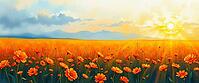 Flower meadow under a golden sunset with mountains in the background, romantic watercolor illustration, flower meadow at sunset or sunrise, with open text as background, AI generated [IBR124550812]