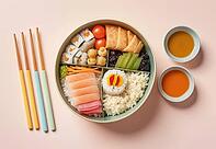 A vibrant and appetizing bento box filled with assorted Japanese delicacies, including fresh salmon sashimi, maki rolls, and fluffy rice, served with dipping sauces, AI generated [IBR124550814]