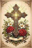 Decorated cross with flowers and yellow sunrays in the frame, Christian symbol for cards, for religious festivals, such as baptism, communion, confirmation, Easter, confirmation or for mourning cards, AI generated [IBR124550817]