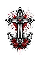 Gloomy cross with red roses and dramatically speckled background, Christian symbol for cards, for religious festivals, such as baptism, communion, confirmation, Easter, confirmation or for mourning cards, AI generated [IBR124550819]